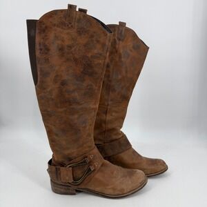 Steve Madden Brown Distressed Leather Tall Harness Boots Womens 10 Pull On